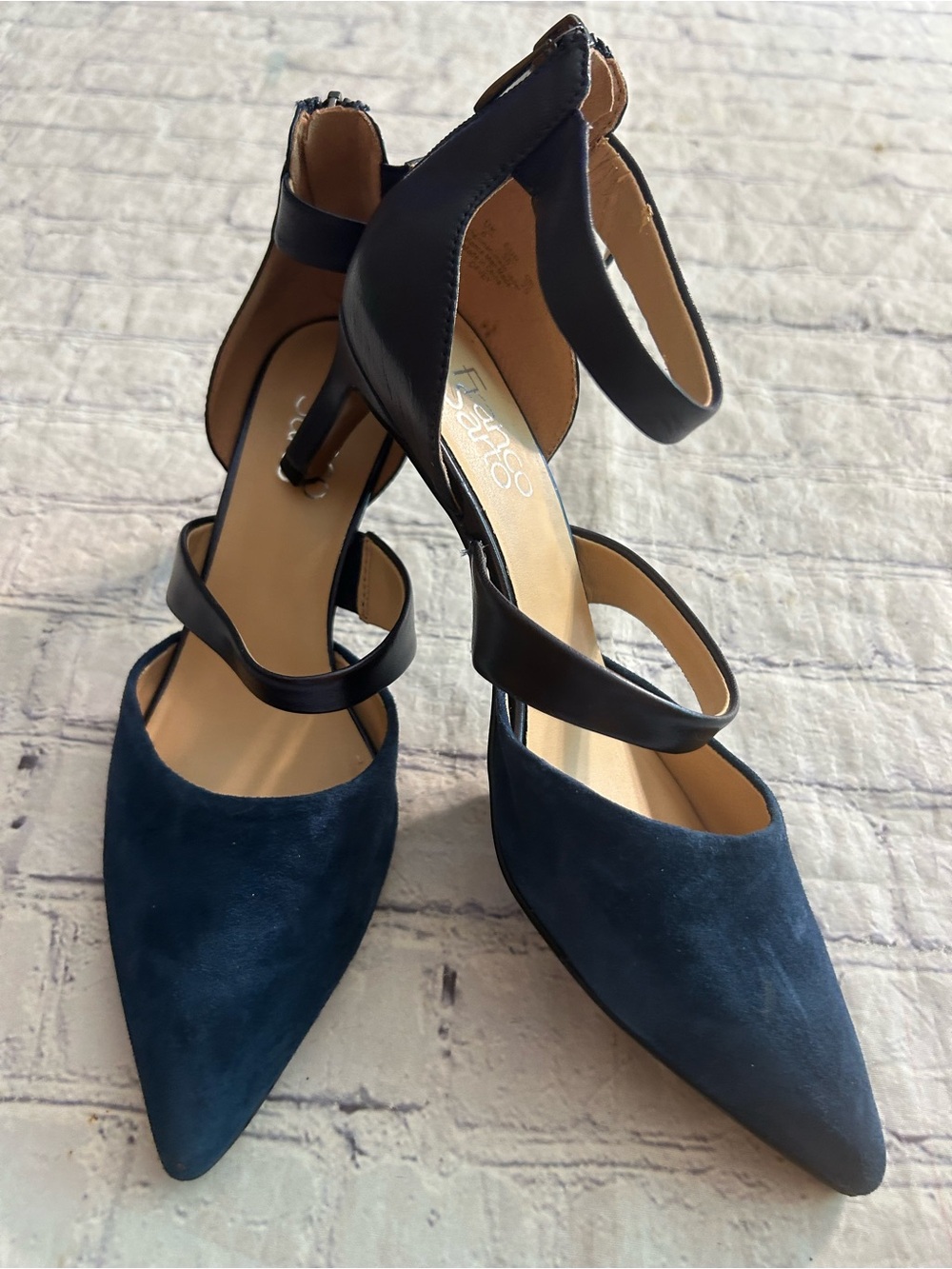 FRANCO SARTO DAVEY NAVY BLUE SUEDE ZIP BACK TWO STRAPS PUMPS WOMEN’S SIZE 8M - Picture 13 of 16